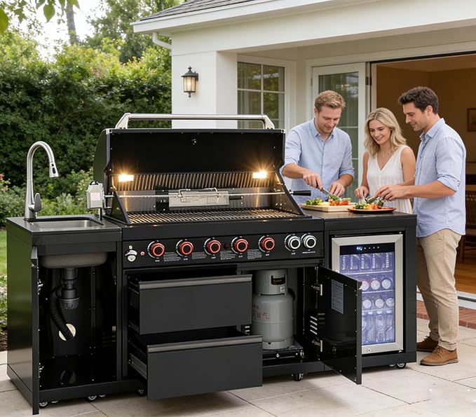 82" Modular Outdoor Kitchen Island with Grill, 6-Burner 83,500 BTU Propane BBQ Island, 304 Stainless Steel, Refrigerator, Sink & Rotisserie, for Backyard and Patio Cooking, Black