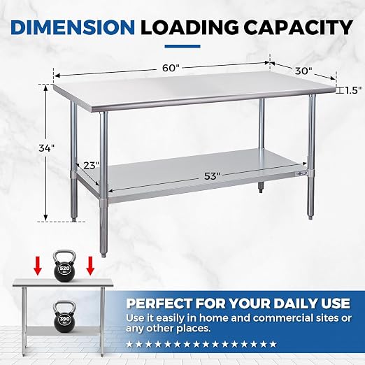 Profeeshaw Stainless Steel Prep Table 30''x60'' NSF Commercial Workbench | Metal Work Table, with Undershelf leveling feet; Heavy Duty Table for Kitchen, Restaurant, Home, Gargae, Hotel, 18-gauge 430