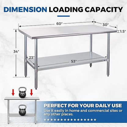Profeeshaw Stainless Steel Prep Table 30''x60'' NSF Commercial Workbench | Metal Work Table, with Undershelf leveling feet; Heavy Duty Table for Kitchen, Restaurant, Home, Gargae, Hotel, 18-gauge 430