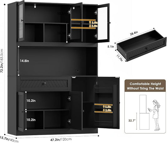 BOTLOG 72” Tall Kitchen Pantry Storage Cabinet, Modern White Kitchen Hutch with Large Storage Drawer, Countertop, Adjustable Shelves, Food Pantry Cabinets for Dining Room, Living Room (Black) | Kitchen Hutch with Large Storage Drawer, Countertop, Adjus...