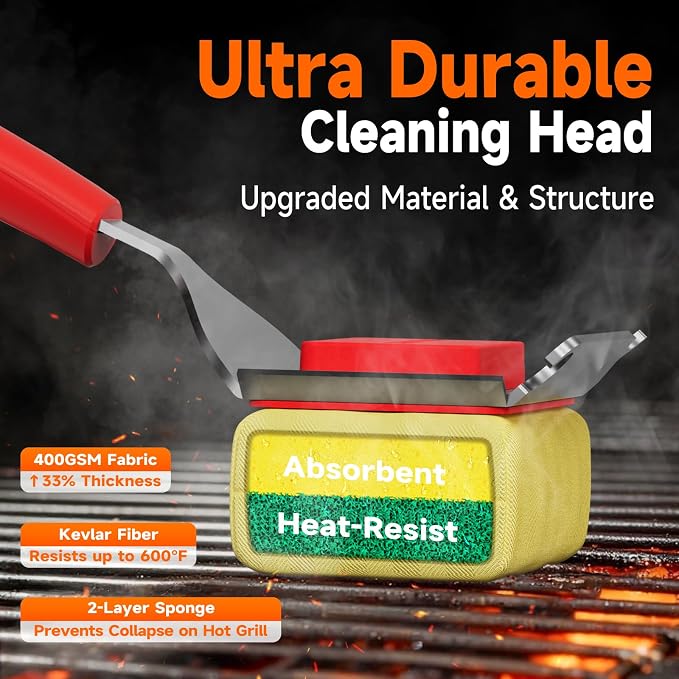 Bristle-Free Grill Brush Head, Heat-Resistant Kevlar Fiber Head, Red Head | Steam Cleaning, Replaceable No-Wire Head, 17" Handle, 4-in-1 Scraper, for Porcelain/Ceramic/Stainless Steel/Cast Iron Grate