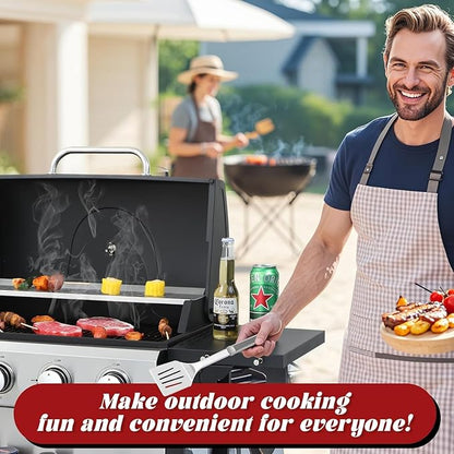 4 Burner Propane Gas Grill, 387 Sq.In Stainless Steel BBQ Grill with Foldable Side Table & Wheels, Portable Outdoor Gas Grill for Backyard Patio Camping, Easy Ignition & Thermometer