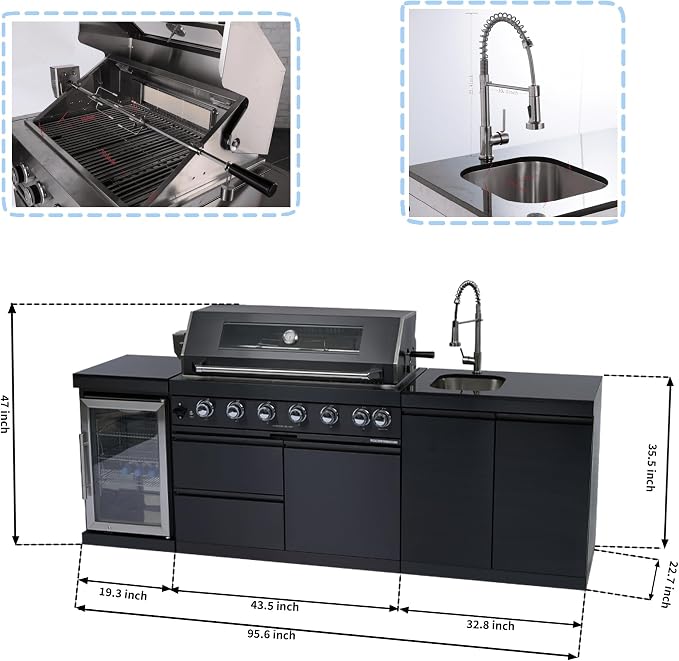 104" Modular Outdoor Kitchen Island With Grill And Side Burner, 4-burner 72,000 Btu Propane Bbq Island, Refrigerator, Separate Sink & Prep Station, For Backyard LP-Black 85000BTU/95 Inch