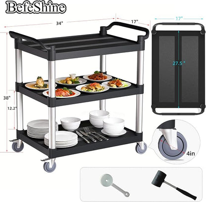 Utility Cart with Tangle-Free Wheels, 3 Tier Rolling Cart, Restaurant Cart | 2 with Brakes, Heavy Duty 350 Lbs Capacity,Commercial Serving Cart for Home, Office, Restaurant, Warehouse.