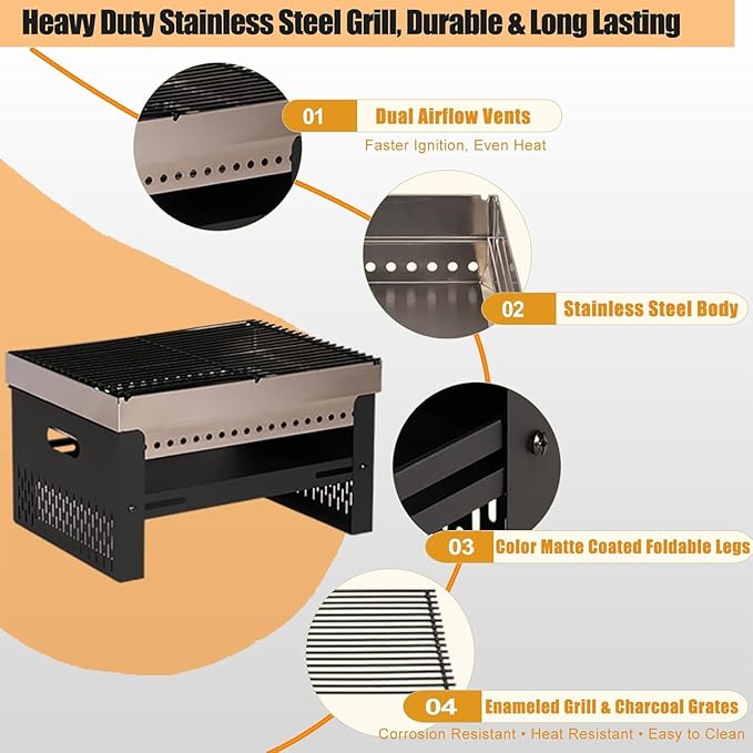 Portable Charcoal Grill, Small Tabletop BBQ, Foldable Mini Hibachi, Stainless Steel Camping Grill, Compact Outdoor Cooker for Picnic, Tailgating Chac Grl 002PBLK