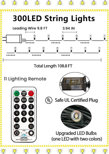 YIQU 108FT Color Changing Christmas Lights with Remote Timer 300 LED | Warm White & Multicolor Fairy Xmas String Lights with 11 Lighting Modes & Memory Function Waterproof for Christmas Tree Decor