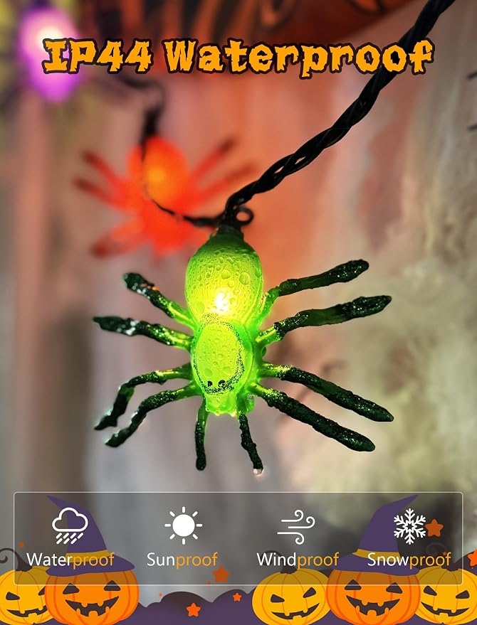 Halloween Spider String Lights Outdoor, 8.5Ft Halloween Decorations Lights with 10 LED Orange Green Purple Spider Lights, Hanging Multicolor Spider Light for Indoor Window Patio Curtain Holiday Decor
