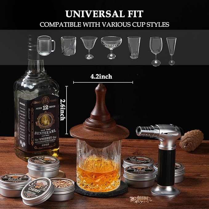 Whiskey Smoker Kit with Torch - 6 Flavors Wood Chips, 2 Glasses, Cocktail Smoker Infuser Kit, Old Fashioned Drink Smoker Kit, Birthday Valentine's Day Bourbon Whiskey Gifts for Men, Dad(No Butane)