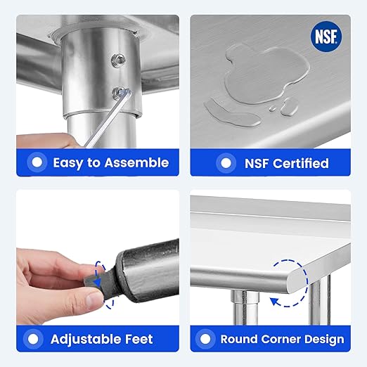 Hally Stainless Steel Table for Prep & Work 30 x 60 Inches, NSF Commercial Heavy Duty Table with Undershelf and Backsplash for Restaurant, Home and Hotel