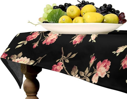 Vintage Flower Tablecloth, Black Pink Garden Florals Rustic Roses Boho Botanical Plant Water Resistant Wipeable Table Cover for Picnic Party Holiday Kitchen Dinner Table 60"x120"
