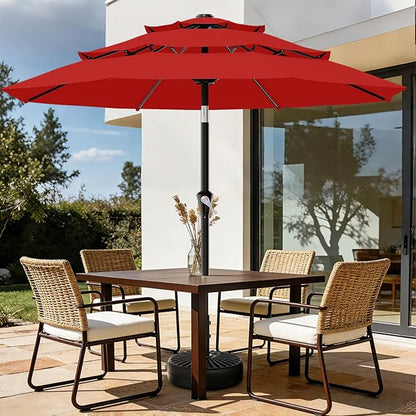 AreShark 9ft 3-Tier Patio Umbrellas, Outdoor Umbrella with 8 Sturdy Ribs UV Protection Windproof, Market Table Umbrella w/Push Button Tilt & Crank for Pool, Porch, Deck, Garden(Red)