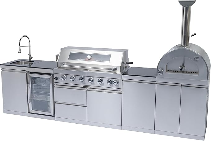 128-Inch 120000- BTU Stainless Steel Propane Gas BBQ Grill Modular Outdoor Kitchen Island,485Sq.In Cooking Area,Pizza oven,Wine Cooler,Refrigerator,Rotisserie,Storage Cabinets & Drawers,Silver