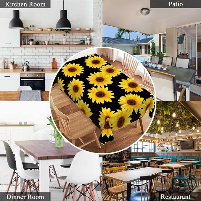 Swono 52x70 Inch Sunflowers Tablecloth Yellow Black Floral Blossom Sunflower Farmhouse Dining Table Cloth Anti-Stain Talking Table Cover for Kitchen Dinning Room Coffee Store