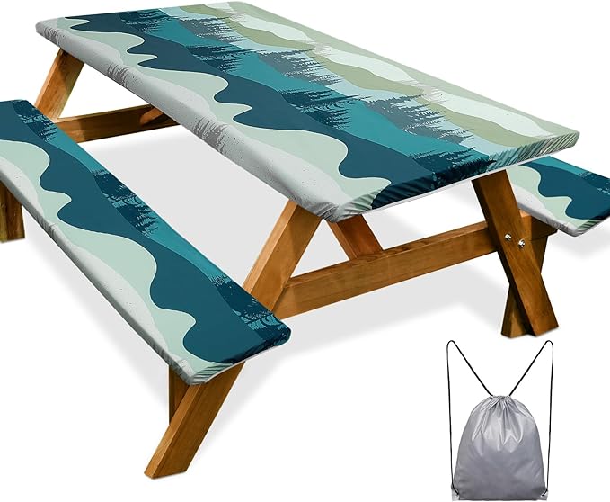 Picnic Table Cover Bench Covers Camping Essentials Tablecloth | Waterproof Vinyl for Outdoor, Windproof Elastic Fitted Edges, RV BBQ Accessories Must Haves, Storage Bag Included
