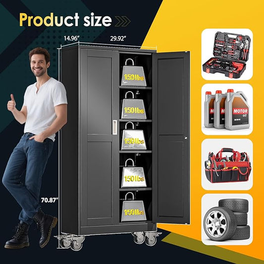 PAOFIN 71''H Tall Metal Garage Storage Cabinet with Wheels,Steel File Cabinets with 2 Doors and 4 Adjustable Shelves for Home Office, Warehouse, Required Assembly,Black