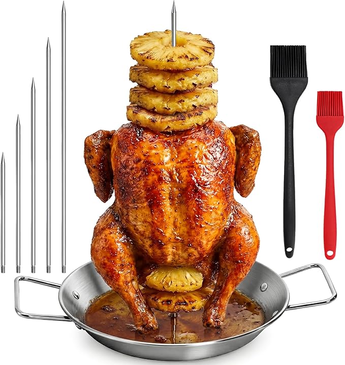 Noamus Al Pastor Skewer for Grill, 304 Stainless Steel Vertical Skewer, Brazilian Spit Stand with 5 Removable Spike (6"/8"/10"/12"/14")&Brushes for Shawarma Kebabs Tacos BBQ Smoker Kamado Oven Dish