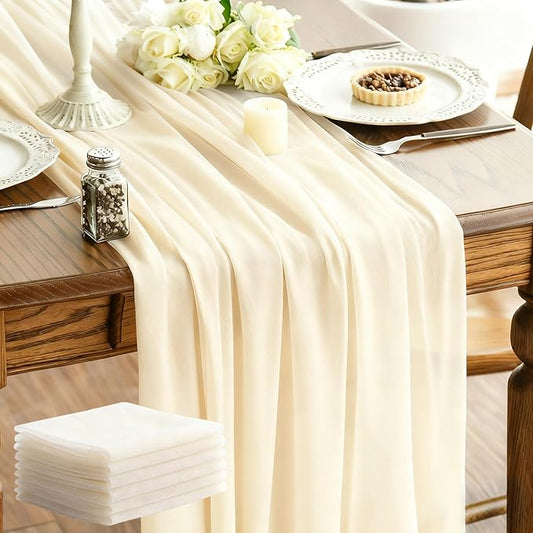 Ivory Glitter Chiffon Table Runner 35x120 Inches 6 Pack for Wedding Reception Formal Dining Table Decor