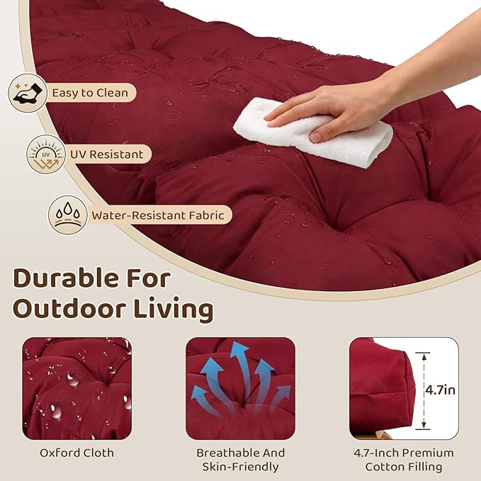 Outdoor Chaise Lounge Chair Cushion - Waterproof 74.8 x 21.7 x 4.7 Inches Memory Foam Pool Lounge Chair Cushions Replacement for Outdoor Furniture with Ties: Thickened Pool Chair Cushions, Red