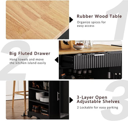 Ball & Cast Fluted Kitchen Island with Trash Can Storage Cabinet,Power Outlet,Internal Storage Rack,Rolling Kitchen Islands On 5 Wheels W/3 Drawers & 3 Open Side Racks for 10 Gallon Garbage Bin,Black