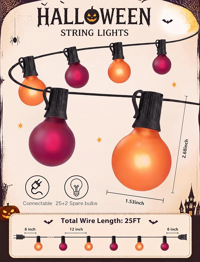SUNSGNE 25FT G40 Halloween String Lights, Frosted Orange Purple Globe Bulbs | 27 Frosted Glass Bulbs(2 Spare), Orange Purple Halloween Glow, Plug-In Easy Lighting, Indoor & Outdoor Halloween Decor