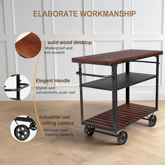 Vintage Rolling Bar Cart on Wheels Industrial Mobile Serving Cart Metal and Wood Design for Kitchen Bar Office Coffee House 36.2" Lx15.75 Wx30.5 H 3 Tier with 2 Side Handle