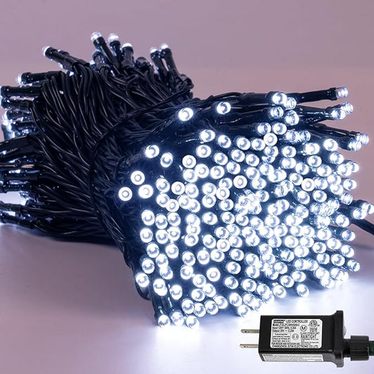 YEGUO 66ft 200 LED White String Lights Outdoor Waterproof, Green Wire Christmas Lights Indoor, 8 Modes Twinkle Tree Lights Plug in with Memory Timer