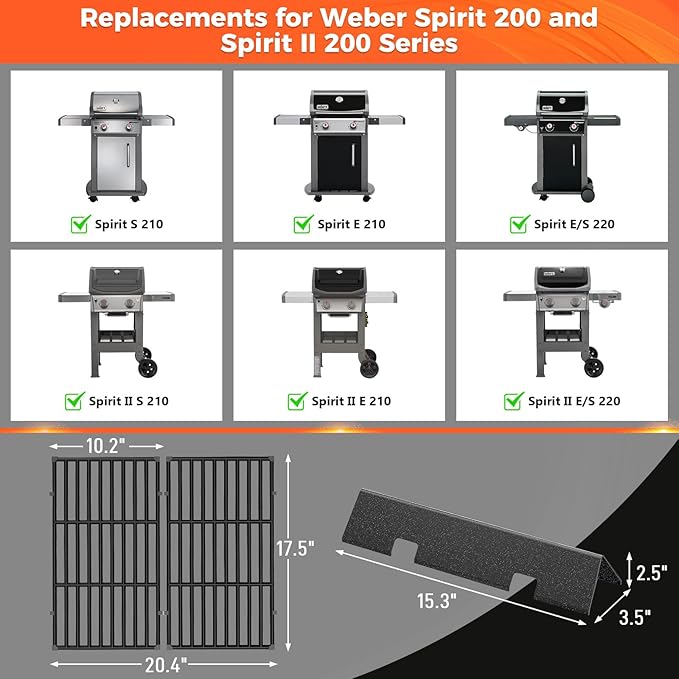 7635 Flavorizer Bars & 7637 Grill Grates for Weber GS4 Spirit II 200 Series, Replacement Parts for Weber Spirit & Spirit II E-210 E-220 S-210 with Front Controls, 15.3" Flavorizer Bars & 17.5" Grates