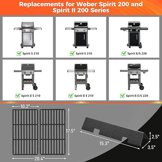 7635 Flavorizer Bars & 7637 Grill Grates for Weber GS4 Spirit II 200 Series, Replacement Parts for Weber Spirit & Spirit II E-210 E-220 S-210 with Front Controls, 15.3" Flavorizer Bars & 17.5" Grates