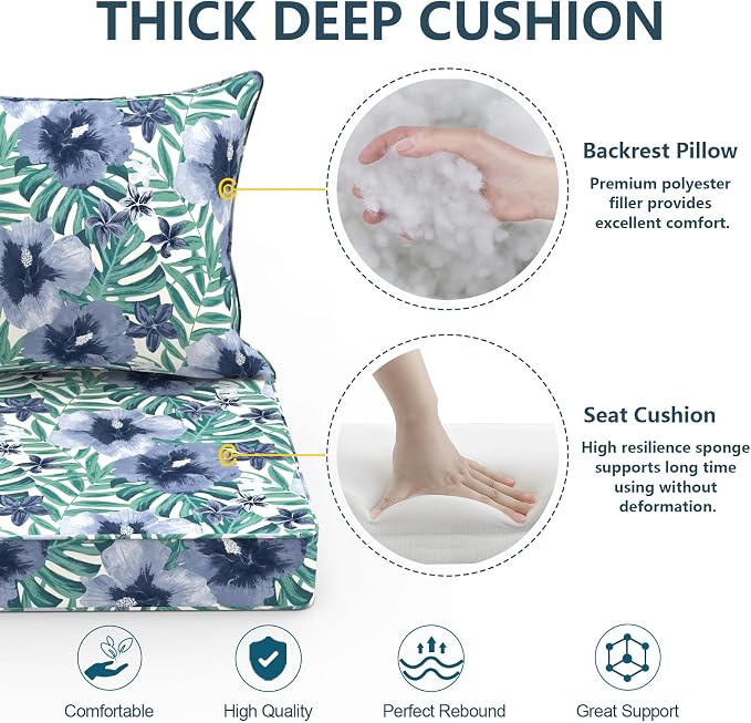DYTXIII Outdoor Deep Seat Cushion Set, Water Repellent 24"x24" Patio Thick Cushions Replacement with Seat & Back Pillow for Patio Sofa, Wicker Chair, Couch - Blue Salmone Tropical