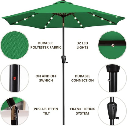 Sun-Ray 9' Round Patio Umbrella with 32 Solar Powered LED Lights, Push-Button Tilt and Hand Crank Lift, Solar Umbrella in Hunter Green for Porch, Deck, and Patio