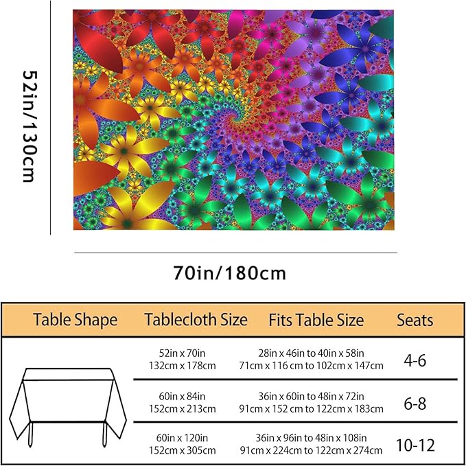 Tablecloth Tie Dye Table Cloth Rectangle Table 52 x 70 Inch Rainbow Spirals Flower Petals Kitchen Decorations for Home Dinner Party