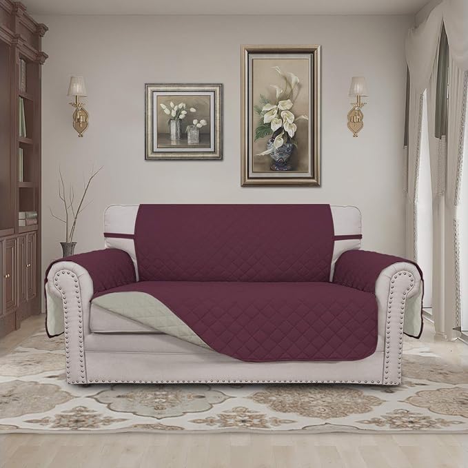Easy-Going Reversible Couch Cover, 2 Cushion Sofa, Loveseat, Wine/Beige | Machine Washable Slipcover For Dogs, Water Resistant Furniture Mat For Living Room, Non-Slip Sofa Cover, Pet Friendly