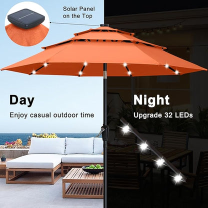 ABCCANOPY 3-Tiers 11FT Solar Patio Umbrella, Outdoor Umbrella with 32 LED Lights for for Deck, Pool, Garden, Backyard (Orange)