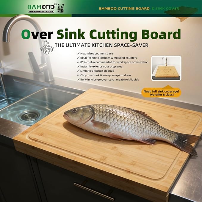 BAMOTTO CRAFTBAMBOO 21.7x18.9 Inch Oversized Bamboo Cutting Board and Sink Cover, Reversible Juice Groove & Flat Side, Non-Slip Detachable Lip, Kitchen Noodle Board Stovetop Cover