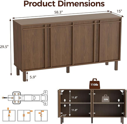 58 inch Sideboard Buffet Cabinet, Modern Credenza with 4 Doors & Adjustable Shelf, Large Coffee Bar Storage for Kitchen, Entryway