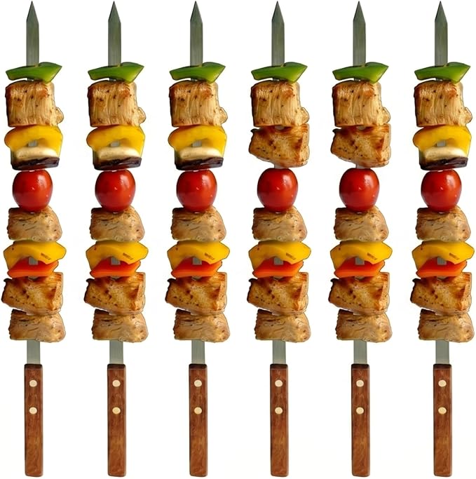 Premium Stainless Steel Barbecue Skewers BBQ Outdoor Grill Skewer stick Barbecue Fork with Solid Wood Handle for Grilling Shish Kebob Koubideh Persian Brazilian Kebab 1" wide + 1 Free Skewer (6pcs)