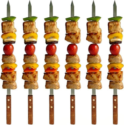 Premium Stainless Steel Barbecue Skewers BBQ Outdoor Grill Skewer stick Barbecue Fork with Solid Wood Handle for Grilling Shish Kebob Koubideh Persian Brazilian Kebab 1" wide + 1 Free Skewer (6pcs)