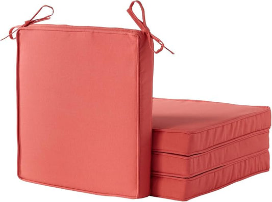 Outdoor 18 inch Square Patio Dining Chair Pads – Comfortable Fiber-Filled Seat Cushions with Ties, Reversible Polyester Fabric - Coral, Set of 4