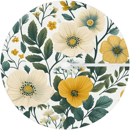 Retro Flowers Outdoor Round Fitted Tablecloth with Umbrella Hole and Zipper, 36"-44" Elastic Patio Table Cloth Oil-Proof Waterproof Patio Table Cover for Picnic Party Camping