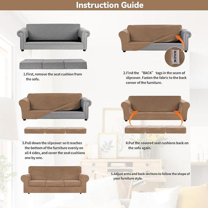WEERRW 4 Pieces Couch Cover for Sofa Velvet Sofa Covers Washable, Camel | Sofa Covers for 3 Cushion Couch Furniture Protector Sofa Slipcovers with Non Slip Elastic Bottom, Pet Friendly, Large