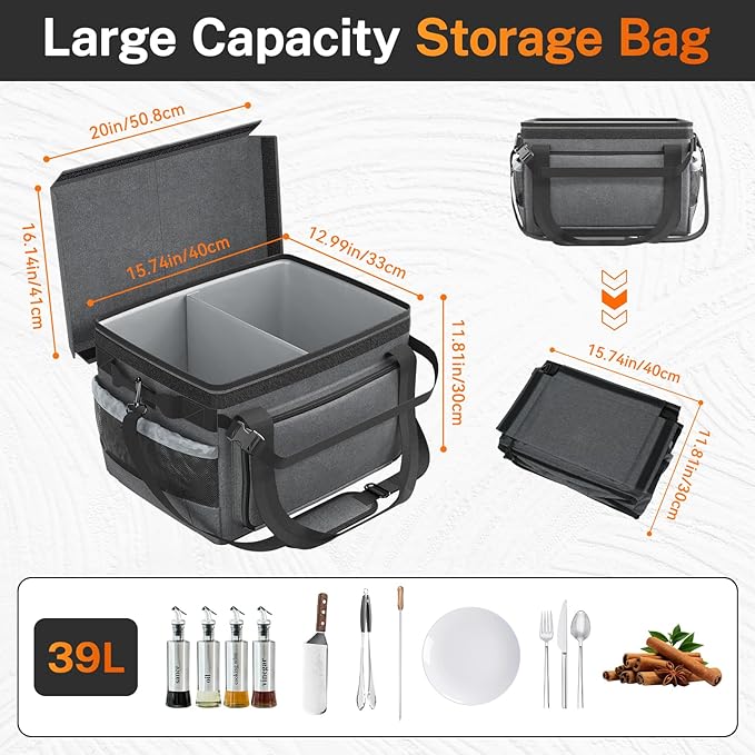 Large Grill Caddy with Lid, Foldable Organizer with Paper Towel Holder For Outdoor Picnic Camp Kitchen Accessory Storage, for BBQ Enthusiast, Black