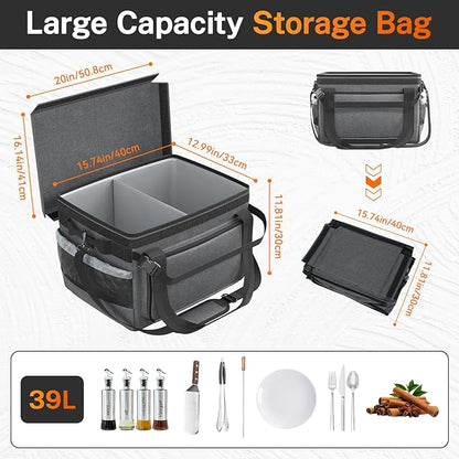 Large Grill Caddy with Lid, Foldable Organizer with Paper Towel Holder For Outdoor Picnic Camp Kitchen Accessory Storage, for BBQ Enthusiast, Black