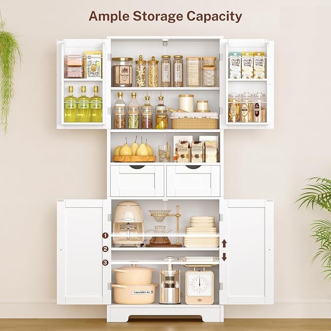 TEENFON Kitchen Pantry Cabinet with Adjustable Shelf, Tall Storage Cabinet with 2 Drawers & 4 Door Shelves, Food Pantry Cabinets, for Kitchen, Dining Room, Living Room, White