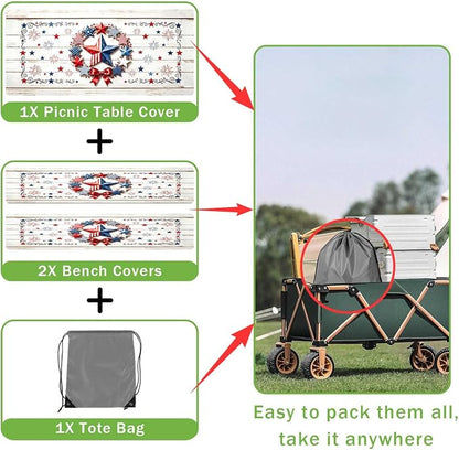 JAWO 4th of July Picnic Table Cover with Bench Covers, Rustic White Wood Patriotic Star Camper RV Essentials Gear Supplies Outdoor Waterproof Windproof Tablecloth with Elastic, 30X60in