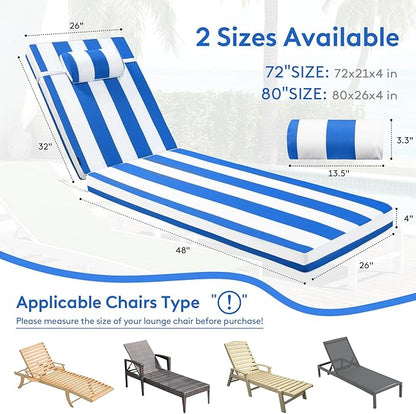 Chaise Lounge Cushion for Outdoor Furniture, Waterproof, Fade-Resistant and Tear Resistant, Patio Lounger Pads with Removable Cover for Pool, Deck, Lawn, 80x26x4 inch, Blue & White Stripe