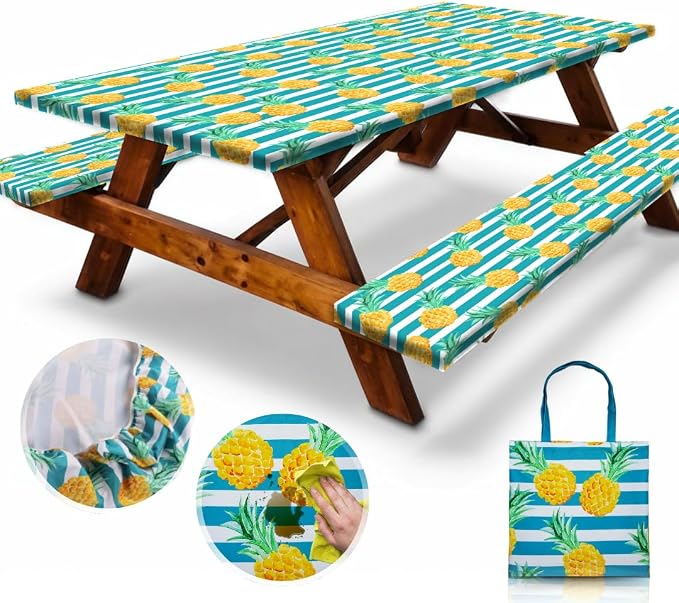6ft Polyester Picnic Table Cover with Bench Covers Tablecloth Pineapple | Polyester Picnic Table Cover Windproof & Waterproof, Perfect for Camping Gifts & RV Essentials, Cool Camping Gadgets with bag