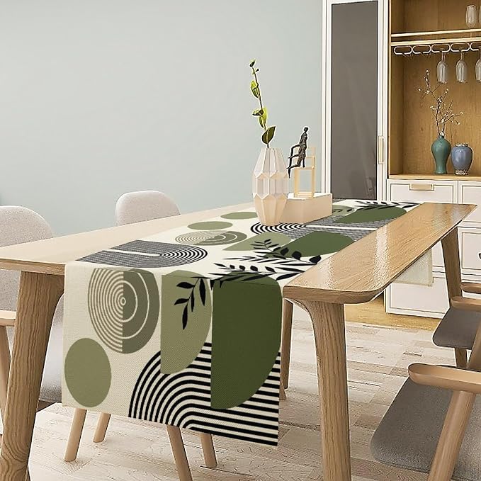 Boho Mid Centruy Table Runner Abstract Sage Green Tropical Leaves Sun Modern Geometric Arch Botanical Dinner Runner for Farmhouse Cabin Home Kitchen Dining Holiday Party Decor 13x70in