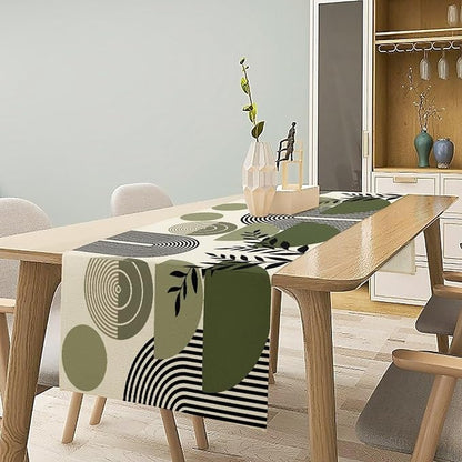 Boho Mid Centruy Table Runner Abstract Sage Green Tropical Leaves Sun Modern Geometric Arch Botanical Dinner Runner for Farmhouse Cabin Home Kitchen Dining Holiday Party Decor 13x36in