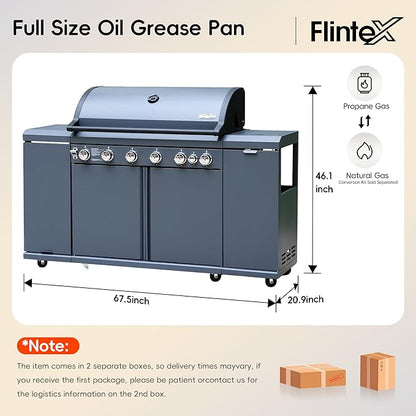 Flintex 6-Burner Propane Gas Kitchen Grill Island with Side Burner,72,000 BTU Stainless Steel BBQ Outdoor Griddle Grill Combo with LPG/NG Convertible and Storage Cabinets & Fold-out Table, Gray