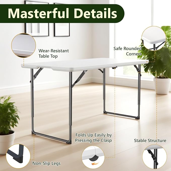 Folding Table, 4FT Foldable Picnic Table with Adjustable Height, Heavy Duty Fold-in-Half Portable Table for Weddings, Camping, RV Travel, Parties, BBQs, and Indoor Use, Easy to Fold and Store
